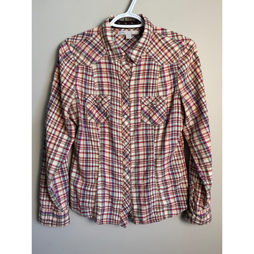 Old Navy Plaid Western Snap‎ Button Down Shirt Multicolor Cowgirl Coastal Boho